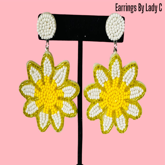 Sunshine Flower earrings with yellow and white beaded floral design