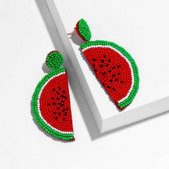 Green, red and white drop earrings