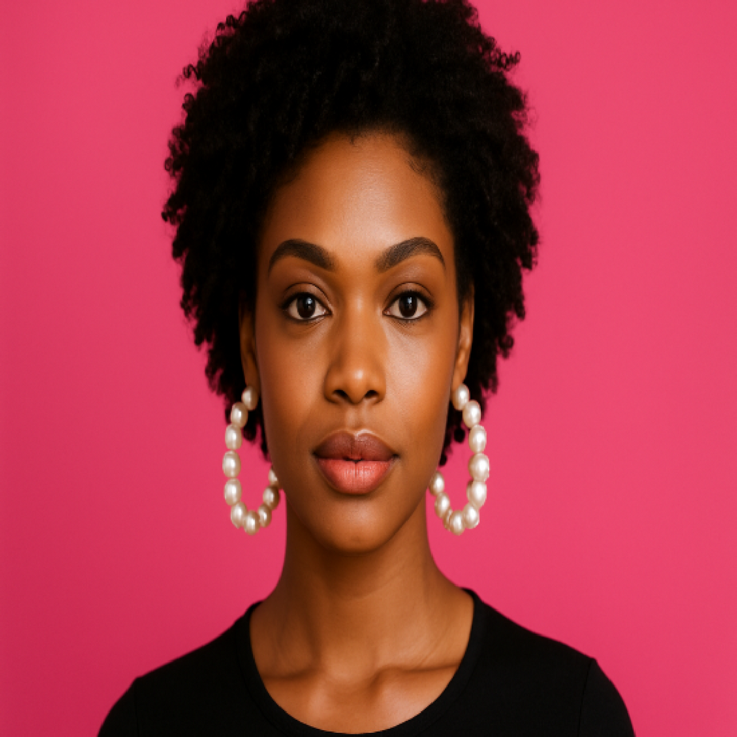 hot pink background of a African American woman wearing big pearl hoop earrings I need to see all of her head and face clearly