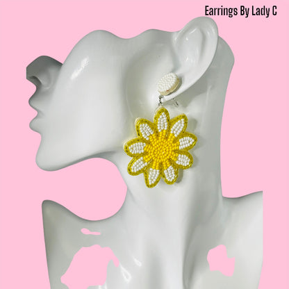 Sunshine Flower earrings with yellow and white beaded floral design

