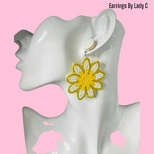 Sunshine Flower earrings with yellow and white beaded floral design

