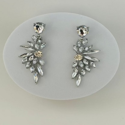 Pair of silver earrings with gemstones on a white background