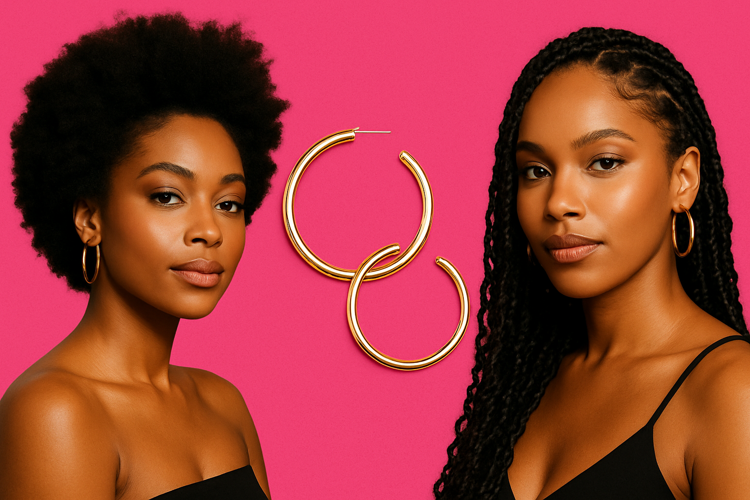 a collage with 2 African American women one on the left one the right and 2 hoop earrings in the middle with hot pink background