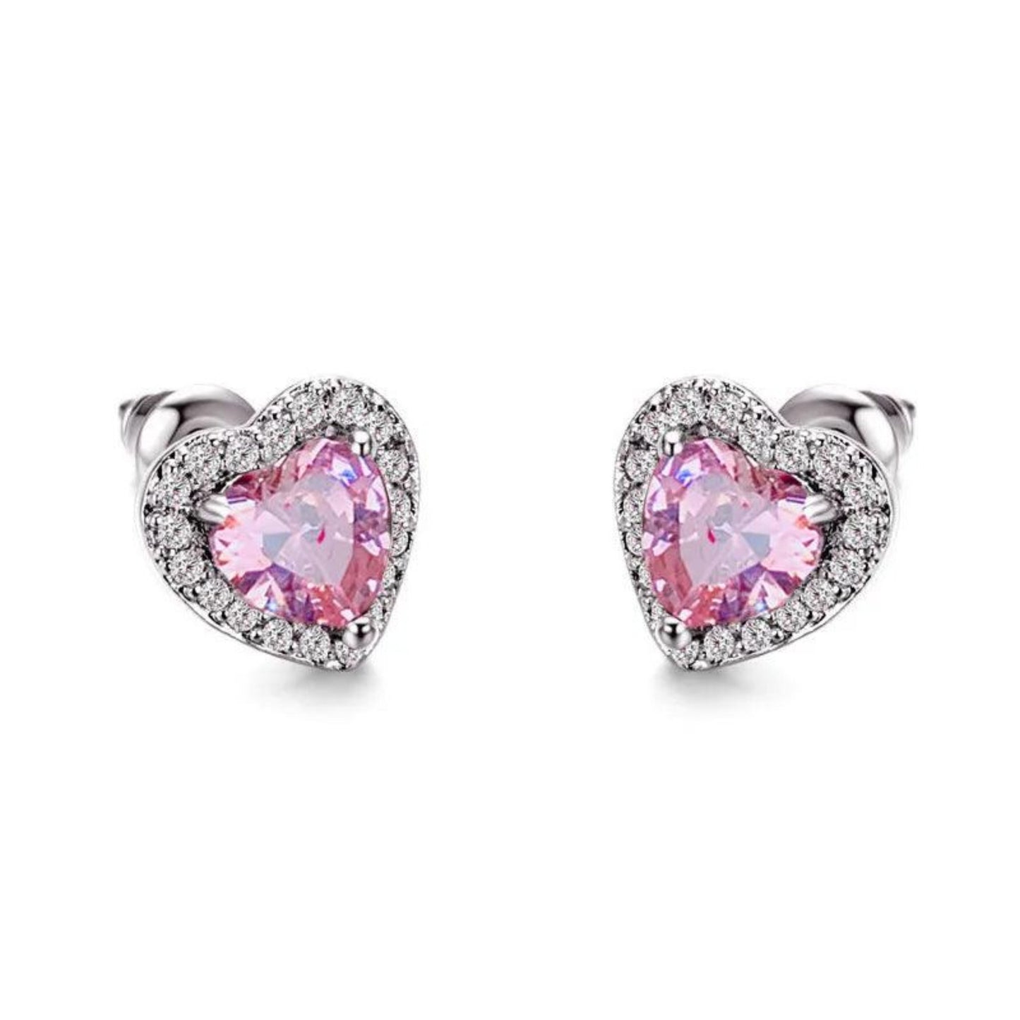 Heart-shaped stud earrings featuring sparkling pink diamonds, elegantly set in a polished metal setting.
